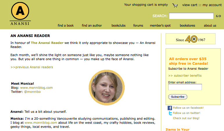 House of Anansi Press - Featured Reader (June 2011) House of Anansi Press - Featured Reader (June 2011)
