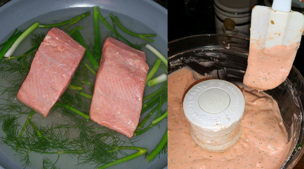 left: poaching salmon with dill and onions, right: salmon in food processor with remaining ingredients